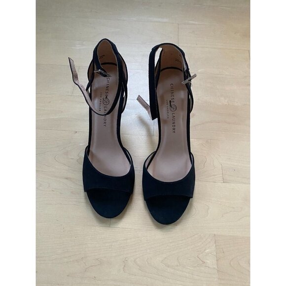 CHINESE Laundry New "Robby" Ankle Strap Black Suede Sandal Flared Heel - Picture 2 of 9